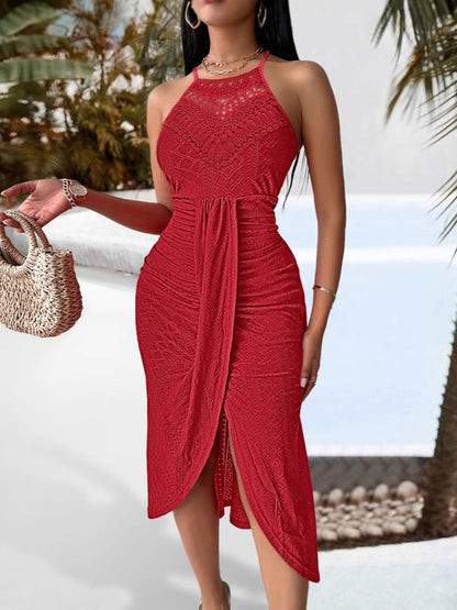 Elina | Halter Midi-Jurk Dames | Luchtige Zomerjurk | Gehaakte Details | Gedrapeerde Overslagrok met Split | Elegant & Vrouwelijk