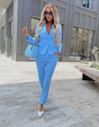 Valéris™ | Tweedelig Dameskostuum met Goudkleurige Knopen | Elegant Blazerpak met Getailleerde Blazer en Slim Fit Pantalon voor Werk of Gelegenheid