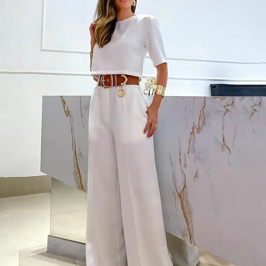 Selvianne™ | Dames Tweedelig Palazzo Pak | Cropped Top en Wijde High-Waist Broek in Effen Kleuren