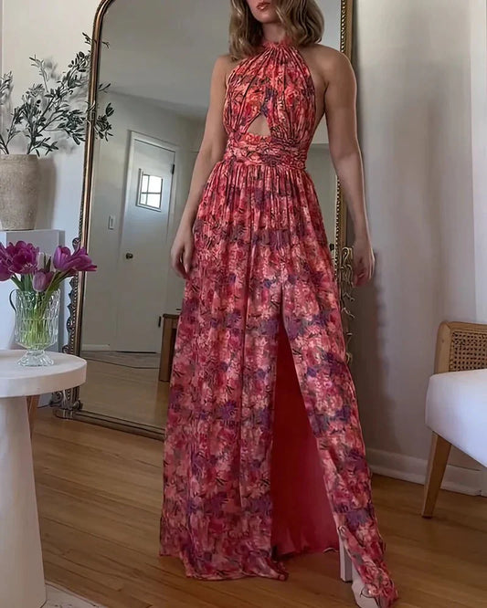 Isabella™ | Halter Maxi-Jurk met Bloemenprint en Split | Zomerse Elegante Jurk met Cut-Out en Open Rug