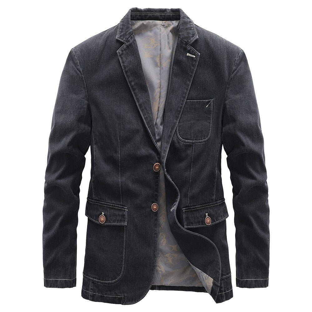 Damian™ | Heren Denim Blazer Met Dubbele Knoopsluiting En Printvoering | Casual Colbert In Gewassen Zwart Met Retro Details