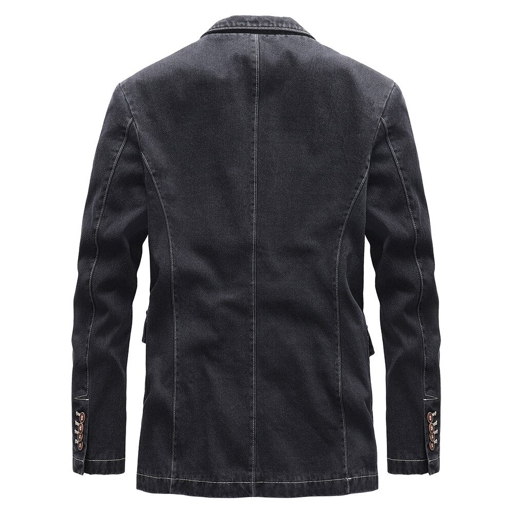 Damian™ | Heren Denim Blazer Met Dubbele Knoopsluiting En Printvoering | Casual Colbert In Gewassen Zwart Met Retro Details