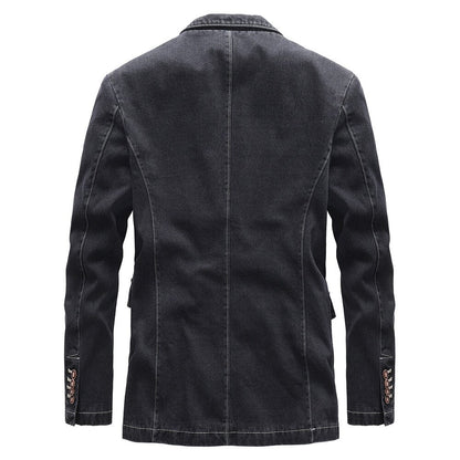 Damian™ | Heren Denim Blazer Met Dubbele Knoopsluiting En Printvoering | Casual Colbert In Gewassen Zwart Met Retro Details