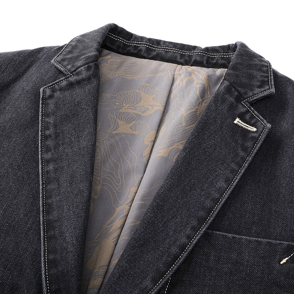 Damian™ | Heren Denim Blazer Met Dubbele Knoopsluiting En Printvoering | Casual Colbert In Gewassen Zwart Met Retro Details