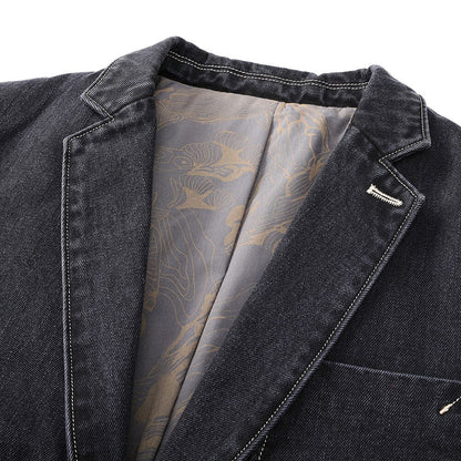 Damian™ | Heren Denim Blazer Met Dubbele Knoopsluiting En Printvoering | Casual Colbert In Gewassen Zwart Met Retro Details