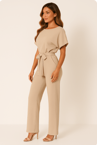 Éliane | Elegante Jumpsuit Met Strikceintuur En Korte Mouwen Dames