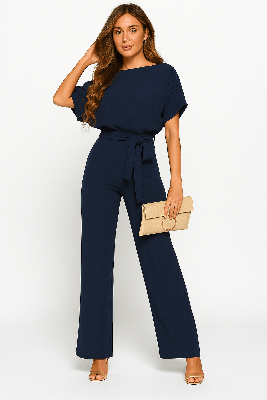 Éliane | Elegante Jumpsuit Met Strikceintuur En Korte Mouwen Dames