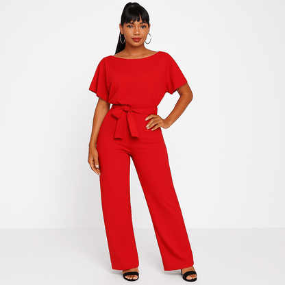 Éliane | Elegante Jumpsuit Met Strikceintuur En Korte Mouwen Dames