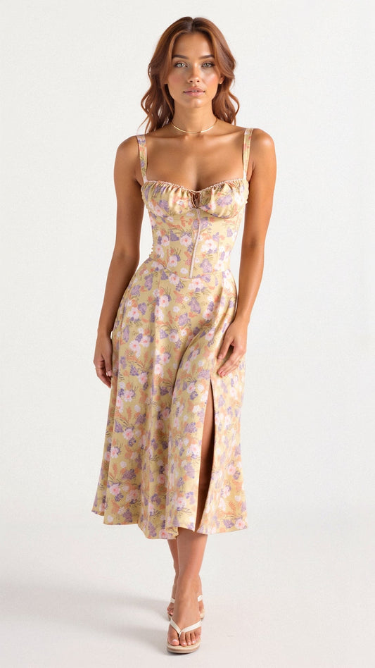 Vivianne | Bustier Midi Jurk Met A-Lijn Rok En Gestructureerd Lijfje Dames