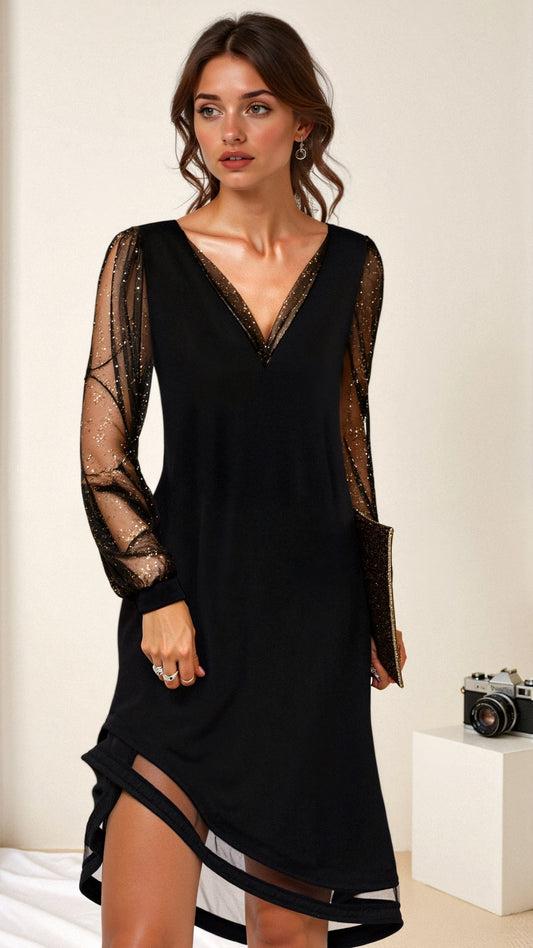 Selina | Zwarte Mini-Jurk Met Mesh Mouwen, Geborduurde Details En V-Hals