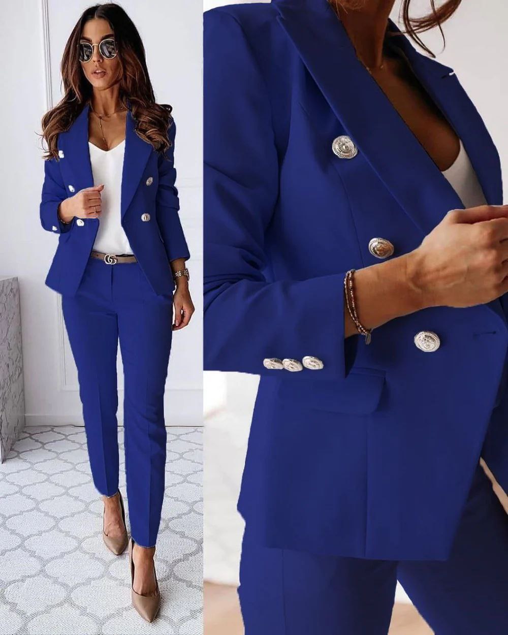 Valéris™ | Tweedelig Dameskostuum met Goudkleurige Knopen | Elegant Blazerpak met Getailleerde Blazer en Slim Fit Pantalon voor Werk of Gelegenheid