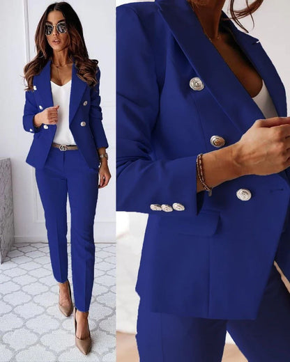 Valéris™ | Tweedelig Dameskostuum met Goudkleurige Knopen | Elegant Blazerpak met Getailleerde Blazer en Slim Fit Pantalon voor Werk of Gelegenheid