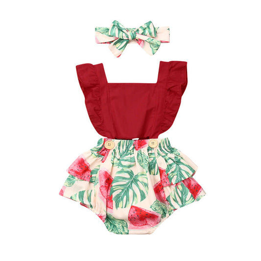 Soléna™ | Dames Baby Zomer Setje 3-Delig | Fruitprint Ruffle Top, Bloomer & Haarband in Citroen of Watermeloen Design