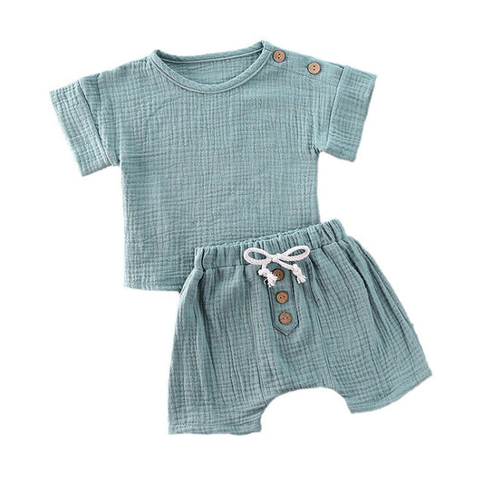 Noélin™ | 2-Delige Baby Zomerset Van Mousseline Katoen | Luchtig T-Shirt En Short Met Houten Knopen