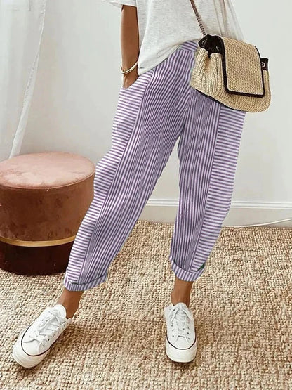 Linea | Gestreepte Damesbroek | Luchtige Zomerbroek | Elastische Taille met Trekkoord | Losvallende Casual Broek