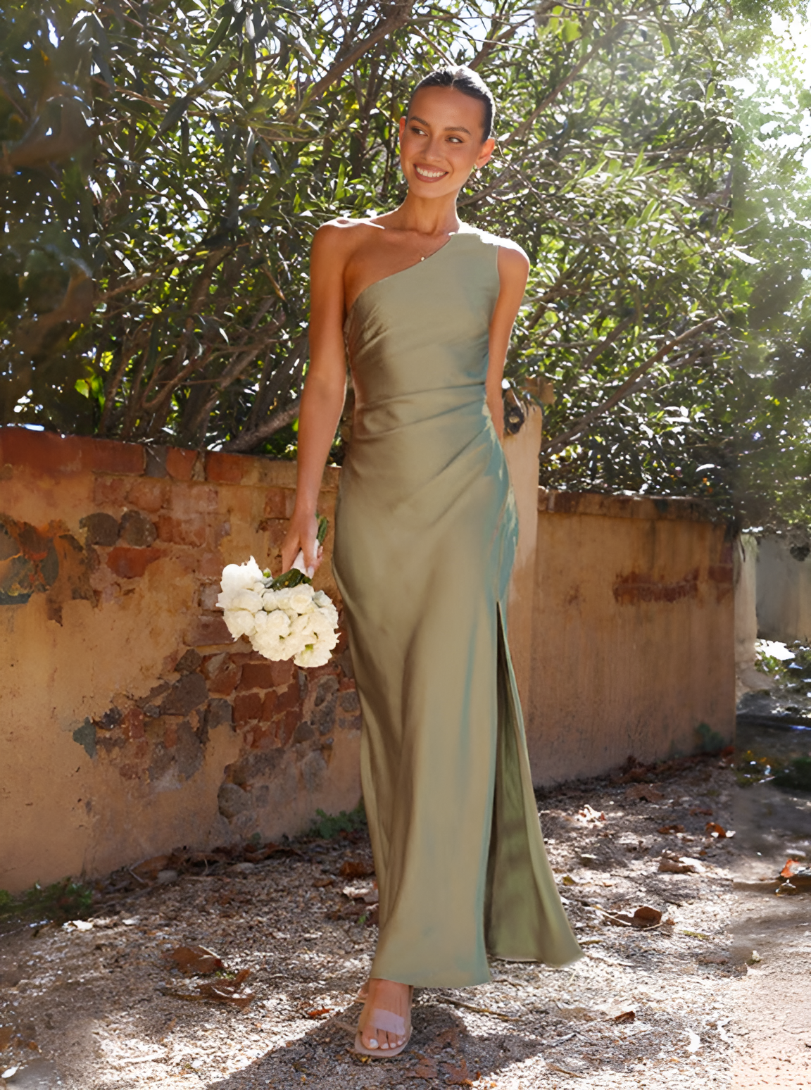 Elvéra™ | Dames Satijnen One-Shoulder Avondjurk | Olijfgroene Galajurk met Open Rug en Hoge Split