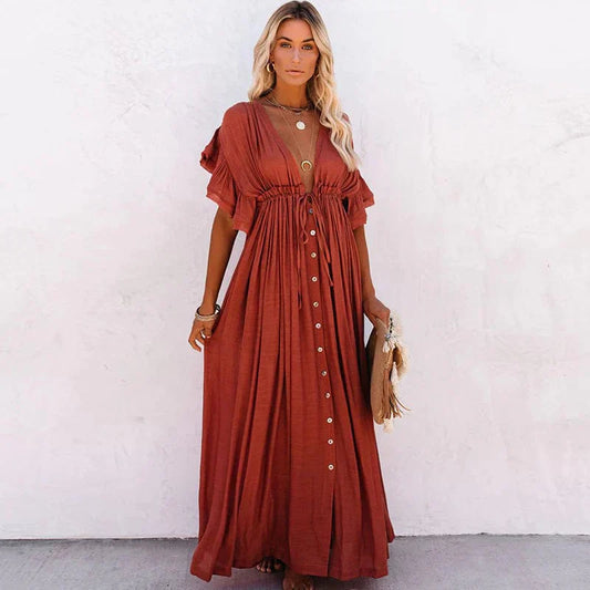 Yelina | Boho Maxi Jurk Met Knoopsluiting En Aantrekkoord Dames