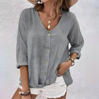 Liora | Luchtige Dames Blouse | Zomerblouse met V-Hals & Knoopsluiting | Losvallend | Driekwartmouwen | Casual Top